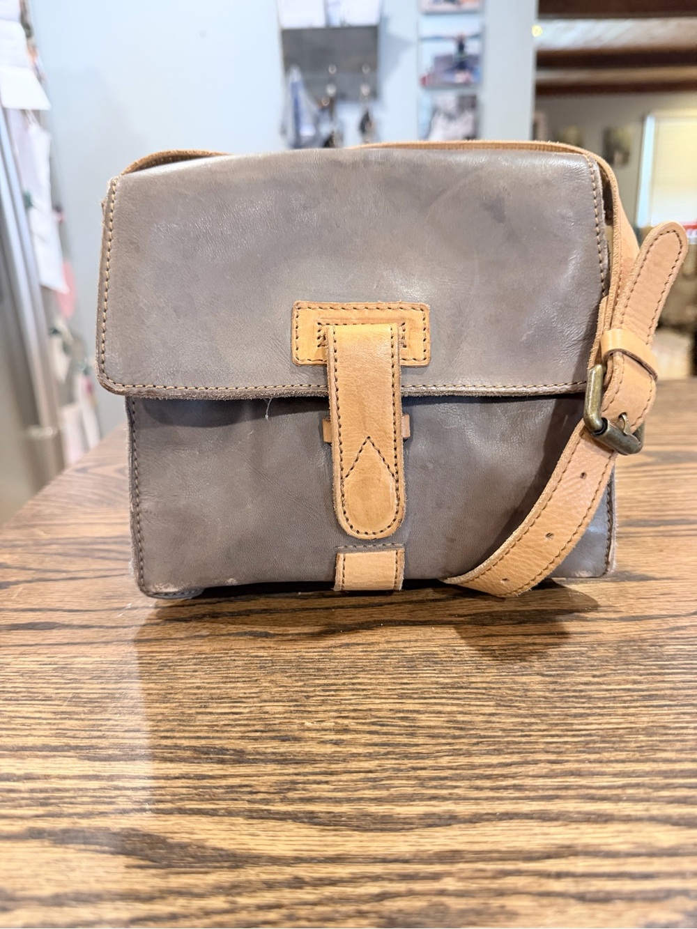 HOLDING HORSES Gray Leather Shoulder Bag with Tan Trim